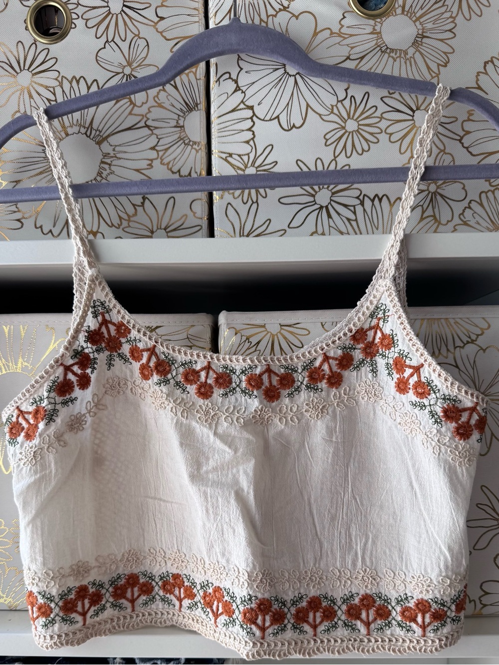 RSQ Cream Cropped Embroidered Camisole with Orange Floral Trim